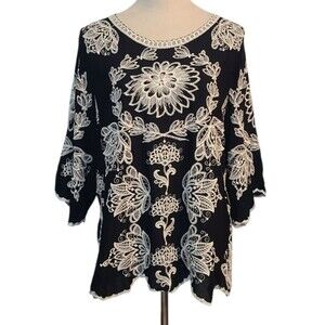 Solitare Black White Embroider Floral Scallop Bell Sleeve Sz L Cottagecore Fairy